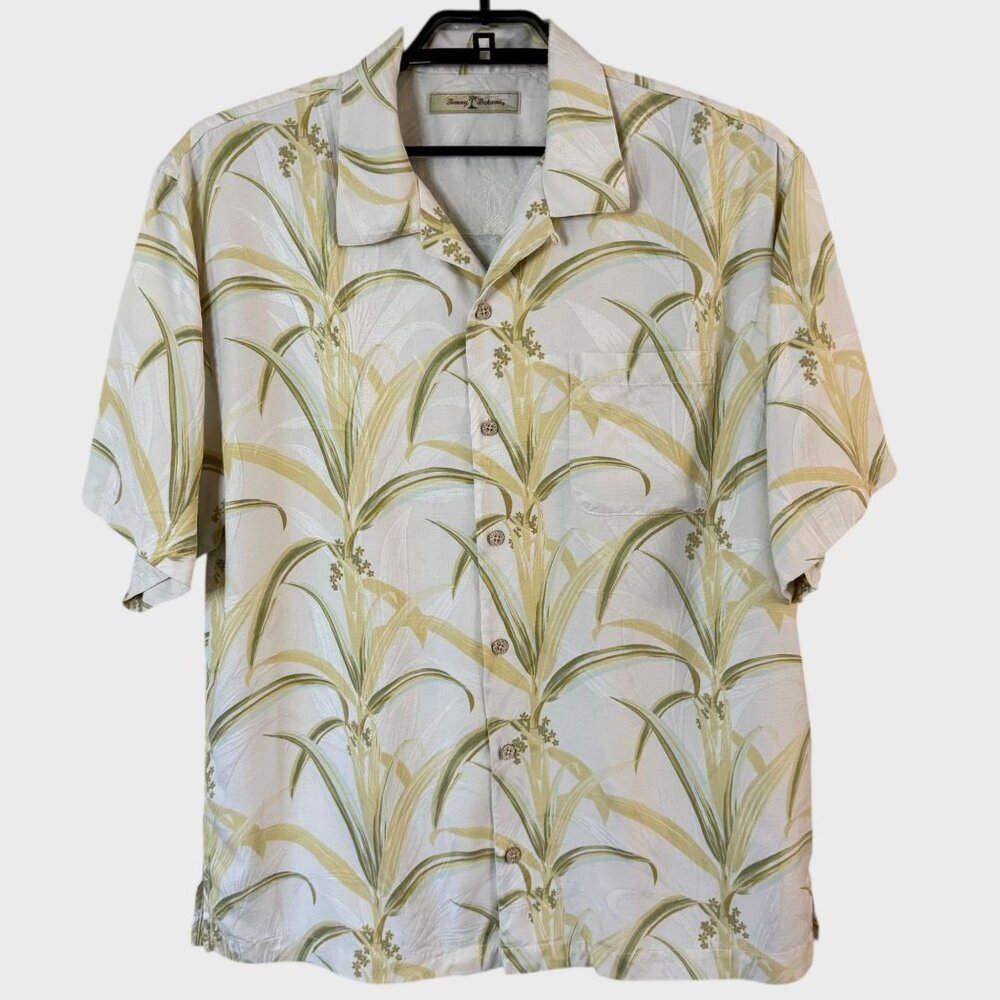 Tommy Bahama Camp Shirt Cream Men's Large Tropical Hawaiian Button-Up 100% Silk